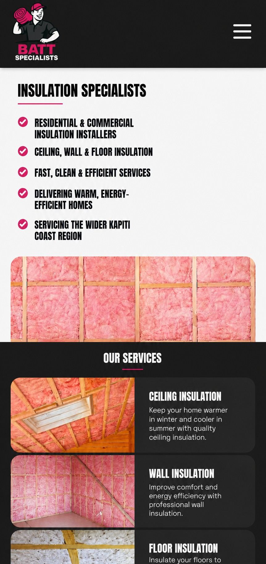 Batt Specialists website on mobile — mobile-first web design for tradies